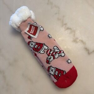 NWT Women's Fleece Lined Slipper Socks Christmas Teddy Bear Santa Pink Red White